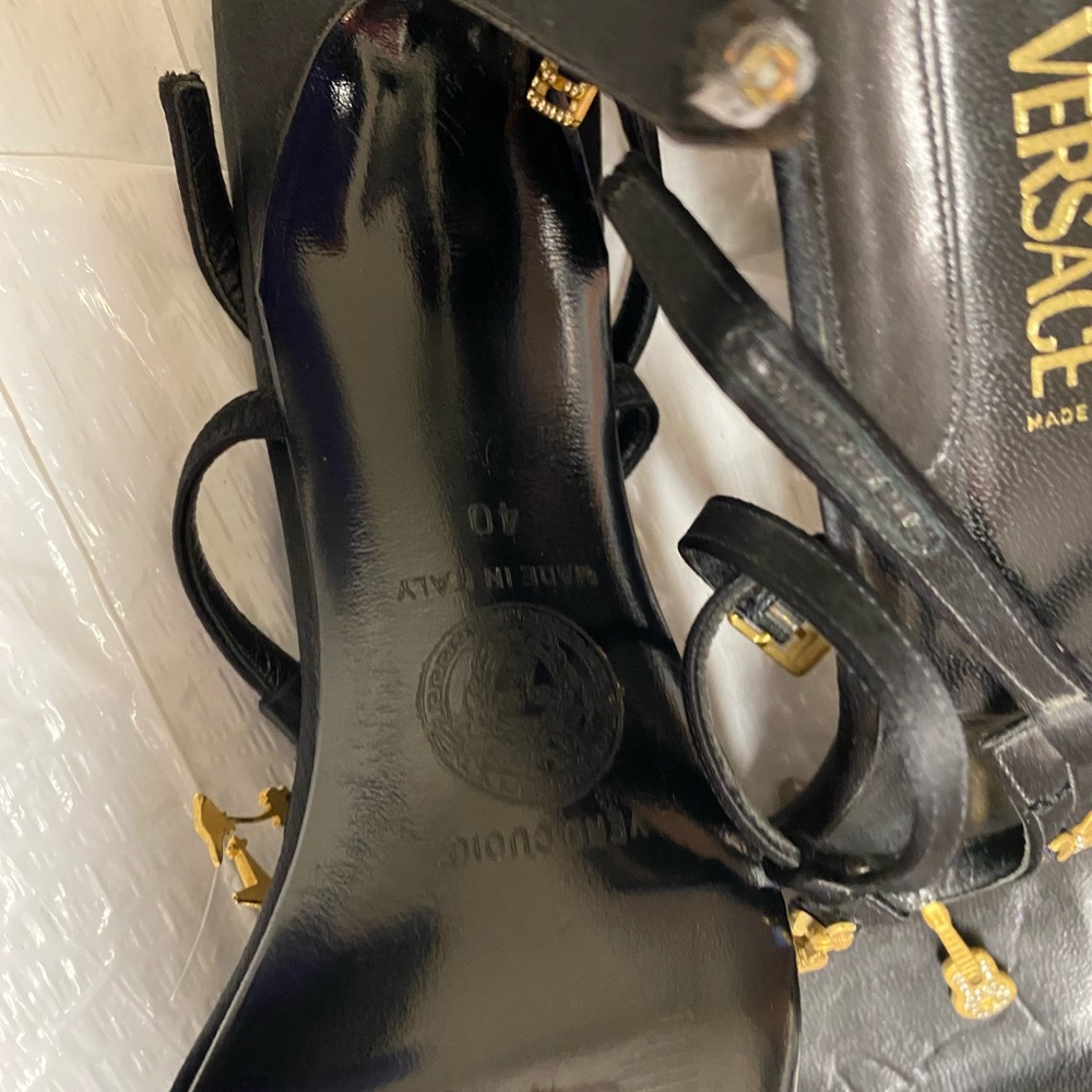 Versace Black Leather Strappy Sandals with Gold Accents